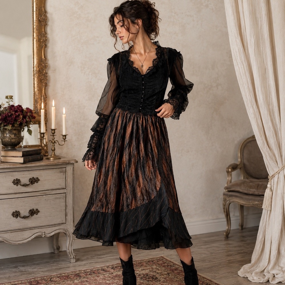 VTG Hosanna Bronze Black Jacquard Asymmetrical Skirt Womens Size 3X Dark Gothic
